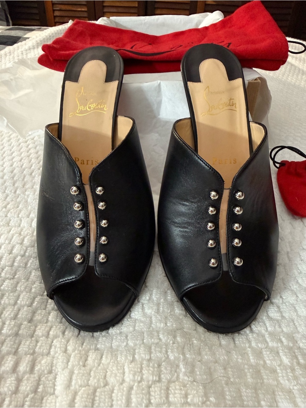 Christian Louboutin Black Leather Open-Toe Studded Mules - Picture 2 of 10